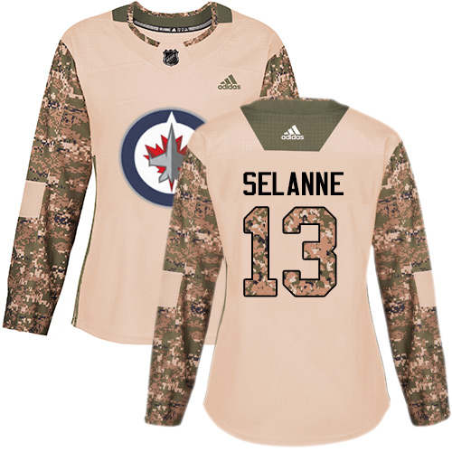 Adidas Jets #13 Teemu Selanne Camo Authentic Veterans Day Women's Stitched NHL Jersey